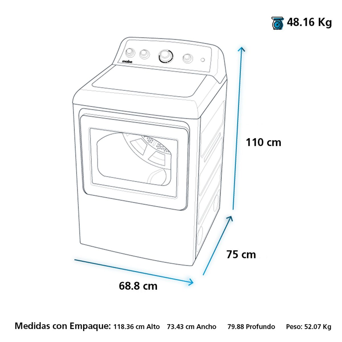 Secadora Gas Mabe 7.2 cuft (22 kilos) Blanco SMG47N8MSBAB0 - Image 3