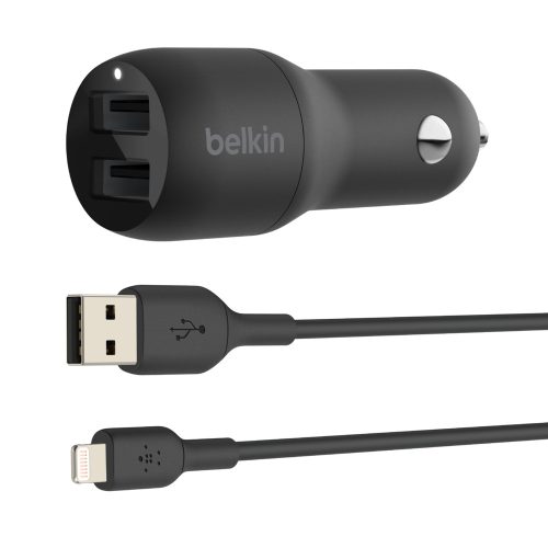 Cargador Belkin Para Carro Doble USB-A De 24 W BOOST↑CHARGE™ + Cable USB-A a Lightning CCD001bt1MBK